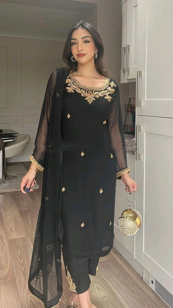 PARTY WEAR EMBROIDERY WORK TOP BOTTOM WITH DUPATTA BLACK - Black, XL