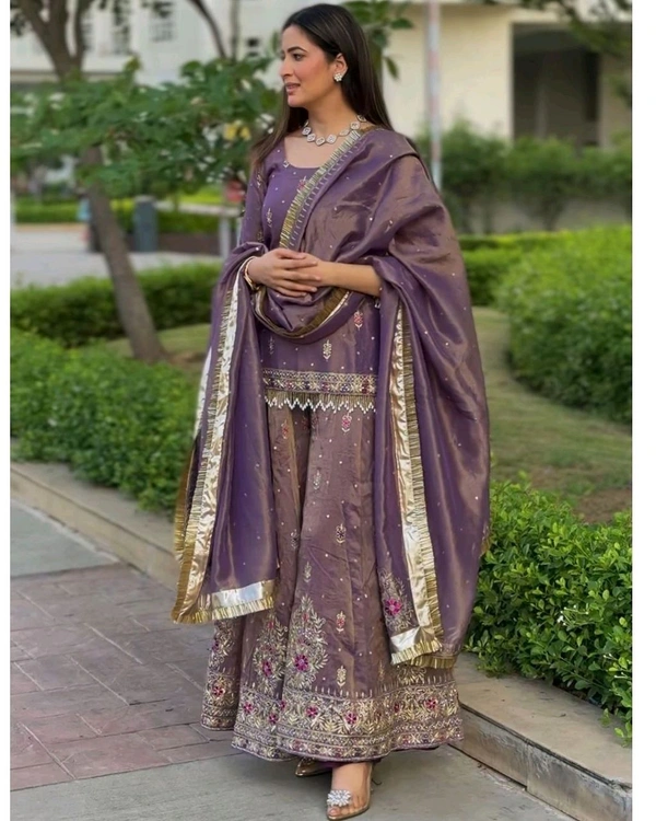 Heavy embroidered purple palazzo set with embroidered short kurta , heavy embroidered palazzo and matching dupatta - Rum, Free Size