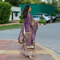 Heavy embroidered purple palazzo set with embroidered short kurta , heavy embroidered palazzo and matching dupatta - Rum, Free Size