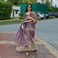 Heavy embroidered purple palazzo set with embroidered short kurta , heavy embroidered palazzo and matching dupatta - Rum, Free Size