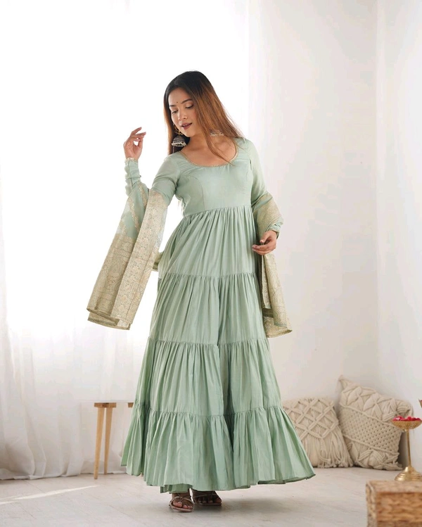 PURE SOFT FOX GEORGETTE FULL FLAIR LAYRED ANARKALI SET - Lemon Grass, L