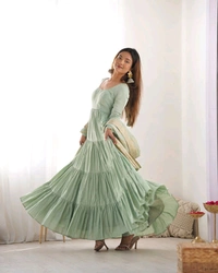 PURE SOFT FOX GEORGETTE FULL FLAIR LAYRED ANARKALI SET - Lemon Grass, L