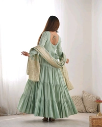 PURE SOFT FOX GEORGETTE FULL FLAIR LAYRED ANARKALI SET - Lemon Grass, L