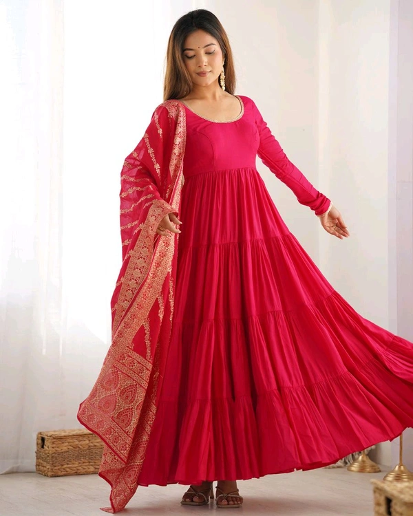 PURE SOFT FOX GEORGETTE FULL FLAIR LAYRED ANARKALI SET - Cardinal, XL