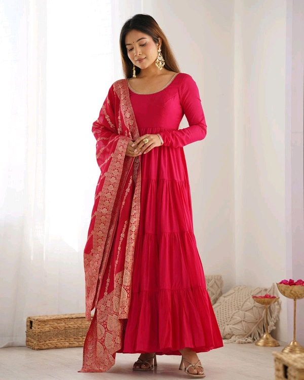 PURE SOFT FOX GEORGETTE FULL FLAIR LAYRED ANARKALI SET - Cardinal, XL