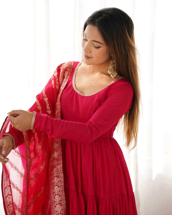 PURE SOFT FOX GEORGETTE FULL FLAIR LAYRED ANARKALI SET - Cardinal, Xs