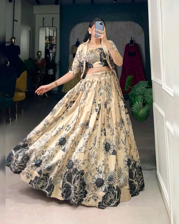 Stunning Tussar Silk Floral Print Lehenga Set with Koti - Champagne, Free Size