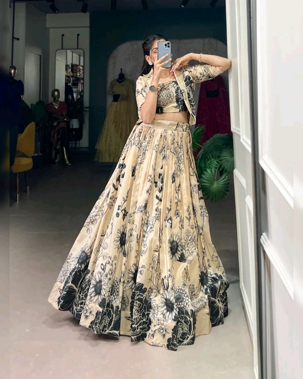 Stunning Tussar Silk Floral Print Lehenga Set with Koti - Champagne, Free Size