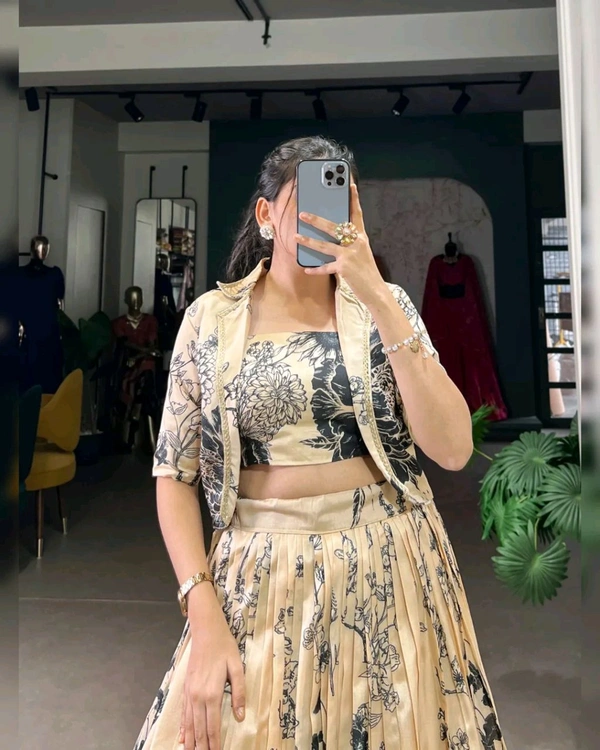 Stunning Tussar Silk Floral Print Lehenga Set with Koti - Champagne, Free Size