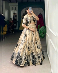 Stunning Tussar Silk Floral Print Lehenga Set with Koti - Champagne, Free Size