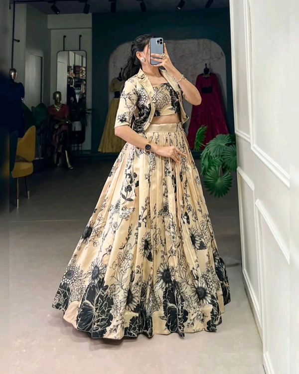 Stunning Tussar Silk Floral Print Lehenga Set with Koti - Champagne, Free Size