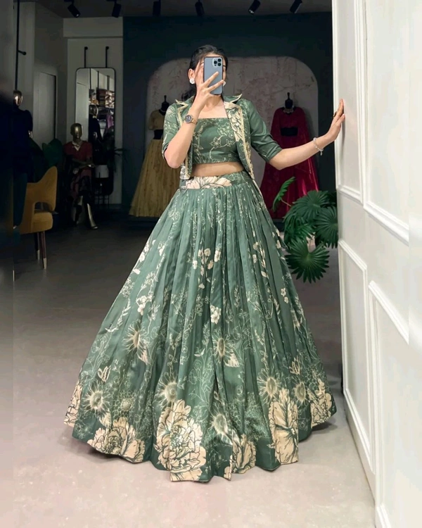 Stunning Tussar Silk Floral Print Lehenga Set with Koti - Xanadu, Free Size