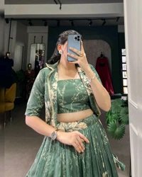 Stunning Tussar Silk Floral Print Lehenga Set with Koti - Xanadu, Free Size