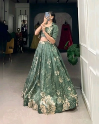 Stunning Tussar Silk Floral Print Lehenga Set with Koti - Xanadu, Free Size