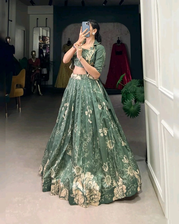 Stunning Tussar Silk Floral Print Lehenga Set with Koti - Xanadu, Free Size