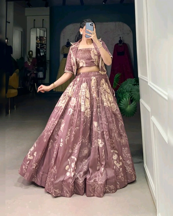 Stunning Tussar Silk Floral Print Lehenga Set with Koti - Opium, Free Size