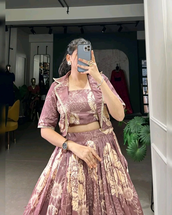 Stunning Tussar Silk Floral Print Lehenga Set with Koti - Opium, Free Size