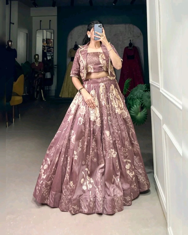 Stunning Tussar Silk Floral Print Lehenga Set with Koti - Opium, Free Size