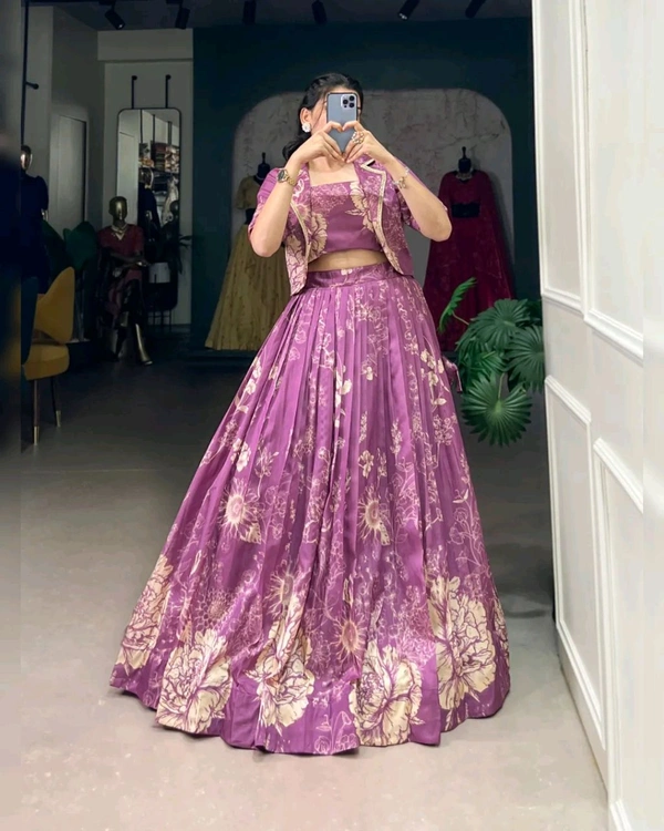 Stunning Tussar Silk Floral Print Lehenga Set with Koti - Tapestry, Free Size