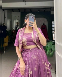 Stunning Tussar Silk Floral Print Lehenga Set with Koti - Tapestry, Free Size