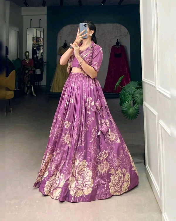 Stunning Tussar Silk Floral Print Lehenga Set with Koti - Tapestry, Free Size