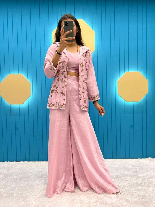 Designer Fancy Western Style Fiona Silk Cording Sequence Work Blazer/koti, Tube Choli With Circular Palazzo - Blossom, Free Size