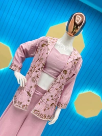 Designer Fancy Western Style Fiona Silk Cording Sequence Work Blazer/koti, Tube Choli With Circular Palazzo - Blossom, Free Size