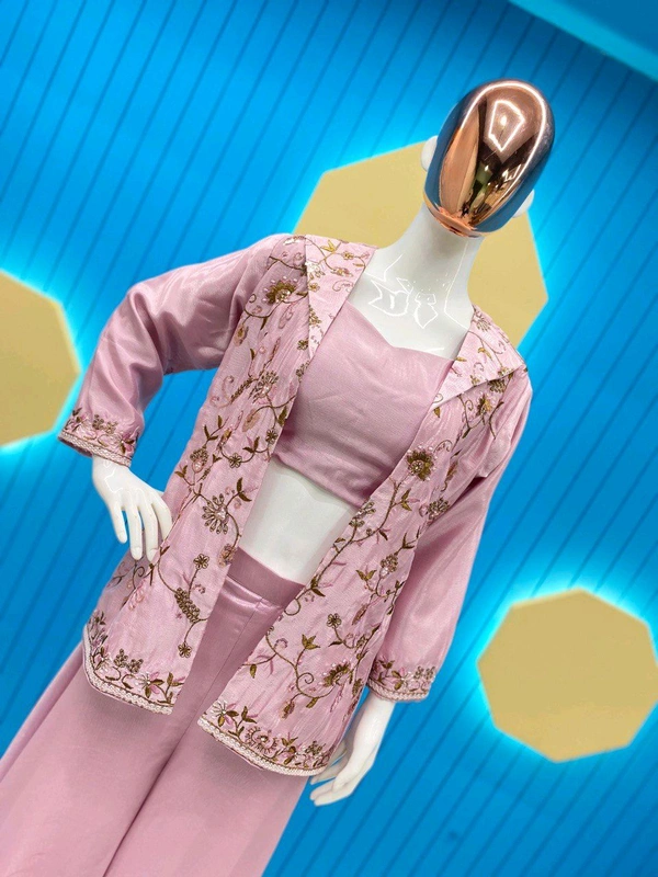 Designer Fancy Western Style Fiona Silk Cording Sequence Work Blazer/koti, Tube Choli With Circular Palazzo - Blossom, Free Size
