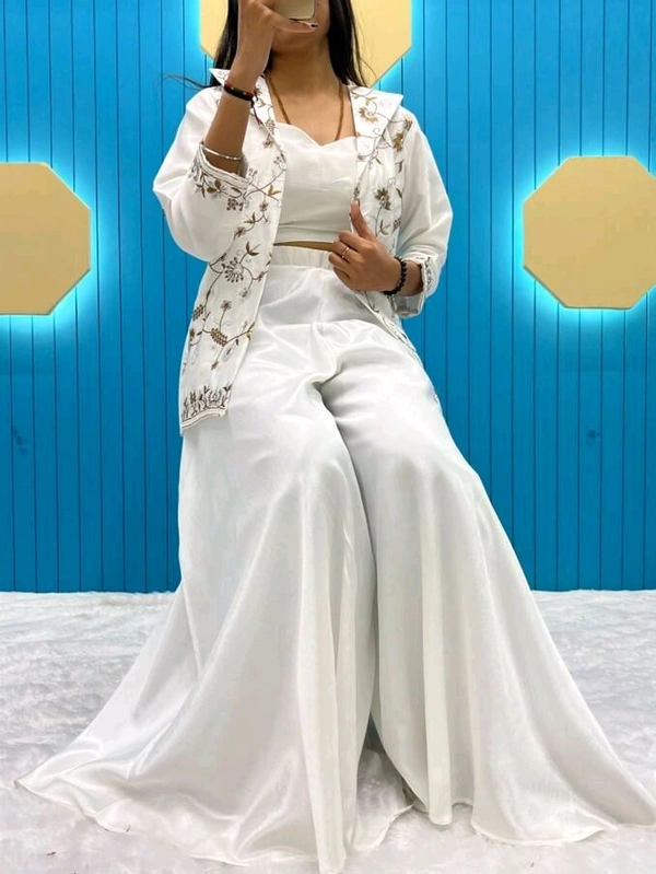 Designer Fancy Western Style Fiona Silk Cording Sequence Work Blazer/koti, Tube Choli With Circular Palazzo - White, Free Size