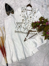 Designer Fancy Western Style Fiona Silk Cording Sequence Work Blazer/koti, Tube Choli With Circular Palazzo - White, XL