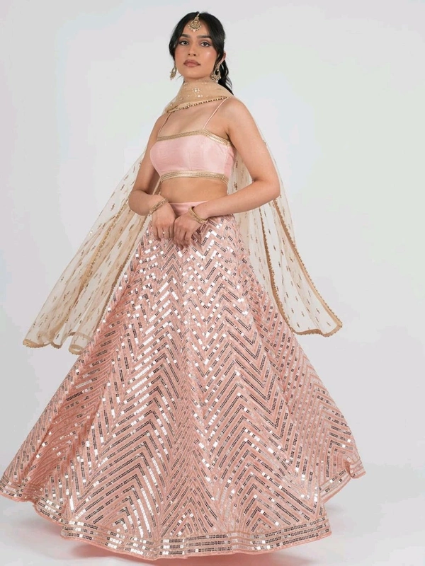 Women's Georgette Embroidered Lehenga Choli And Dupatta Set (Free Size) - Rose Fog, Free Size