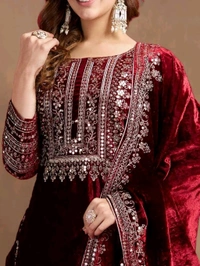 Women's Velvet Embroidered Maroon Straight Kurta Suit Set with Pant and Dupatta||Velvet Suit For Women||Velvet Kurta Set Women||Kurta Set For Women Winter - Temptress, L