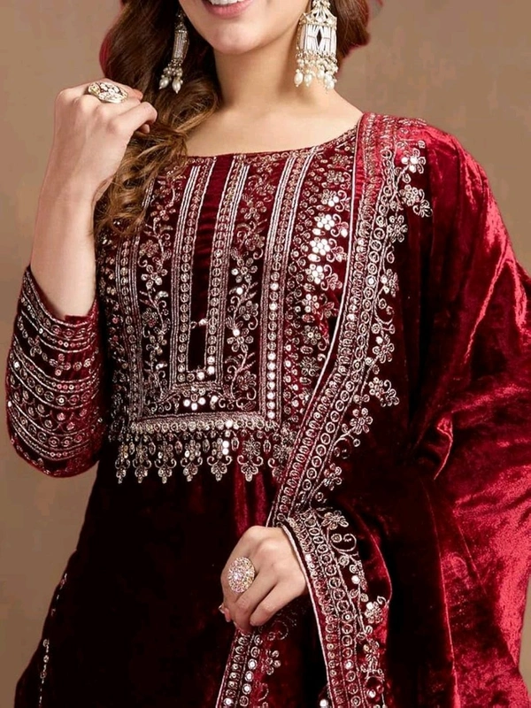 Women's Velvet Embroidered Maroon Straight Kurta Suit Set with Pant and Dupatta||Velvet Suit For Women||Velvet Kurta Set Women||Kurta Set For Women Winter - Temptress, L