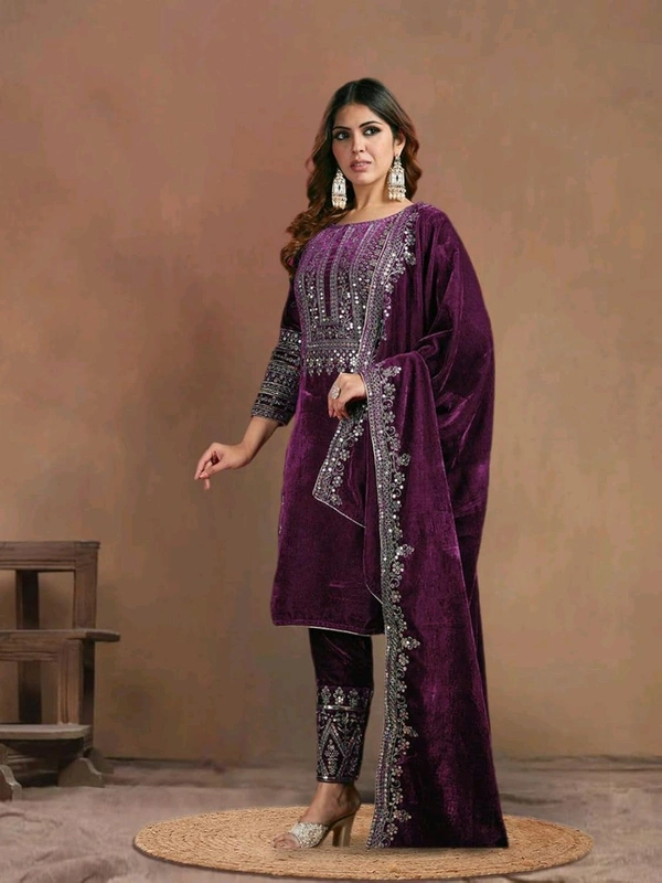 Women's Velvet Embroidered Maroon Straight Kurta Suit Set with Pant and Dupatta||Velvet Suit For Women||Velvet Kurta Set Women||Kurta Set For Women Winter - Melanzane, L