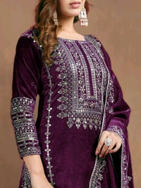 Women's Velvet Embroidered Maroon Straight Kurta Suit Set with Pant and Dupatta||Velvet Suit For Women||Velvet Kurta Set Women||Kurta Set For Women Winter - Melanzane, L