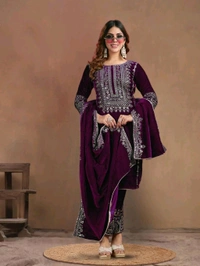 Women's Velvet Embroidered Maroon Straight Kurta Suit Set with Pant and Dupatta||Velvet Suit For Women||Velvet Kurta Set Women||Kurta Set For Women Winter - Melanzane, L