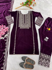 Women's Velvet Embroidered Maroon Straight Kurta Suit Set with Pant and Dupatta||Velvet Suit For Women||Velvet Kurta Set Women||Kurta Set For Women Winter - Melanzane, L