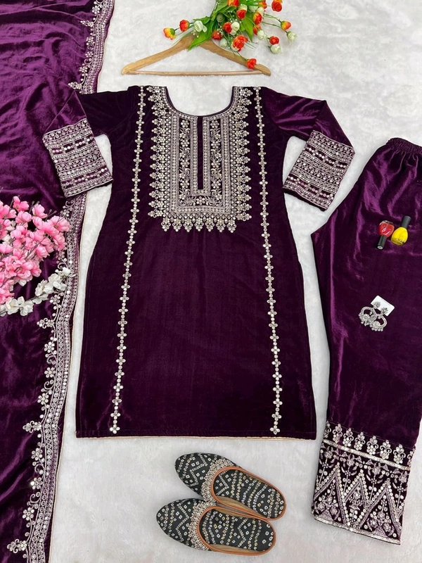 Women's Velvet Embroidered Maroon Straight Kurta Suit Set with Pant and Dupatta||Velvet Suit For Women||Velvet Kurta Set Women||Kurta Set For Women Winter - Melanzane, L