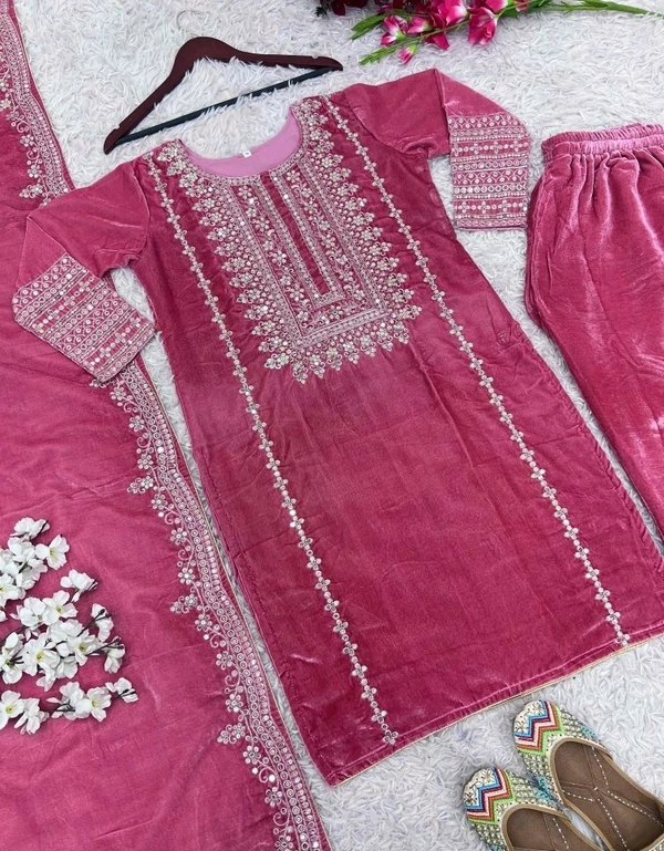 Women's Velvet Embroidered Maroon Straight Kurta Suit Set with Pant and Dupatta||Velvet Suit For Women||Velvet Kurta Set Women||Kurta Set For Women Winter - Hibiscus, L