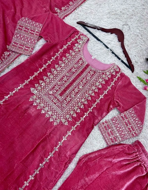 Women's Velvet Embroidered Maroon Straight Kurta Suit Set with Pant and Dupatta||Velvet Suit For Women||Velvet Kurta Set Women||Kurta Set For Women Winter - Hibiscus, L