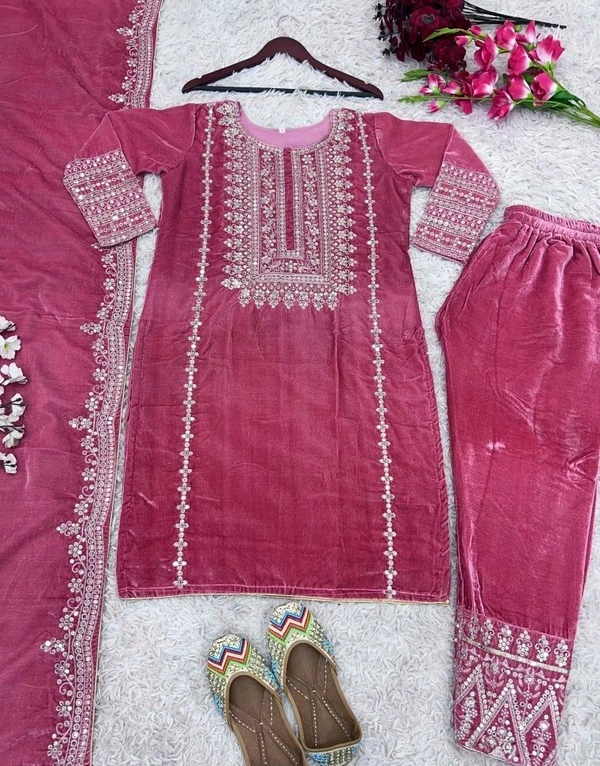 Women's Velvet Embroidered Maroon Straight Kurta Suit Set with Pant and Dupatta||Velvet Suit For Women||Velvet Kurta Set Women||Kurta Set For Women Winter - Hibiscus, L