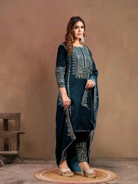 Women's Velvet Embroidered Maroon Straight Kurta Suit Set with Pant and Dupatta||Velvet Suit For Women||Velvet Kurta Set Women||Kurta Set For Women Winter - Daintree, M