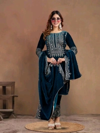 Women's Velvet Embroidered Maroon Straight Kurta Suit Set with Pant and Dupatta||Velvet Suit For Women||Velvet Kurta Set Women||Kurta Set For Women Winter - Daintree, M