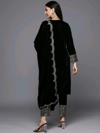Women's Velvet Embroidered Maroon Straight Kurta Suit Set with Pant and Dupatta||Velvet Suit For Women||Velvet Kurta Set Women||Kurta Set For Women Winter - Black, M