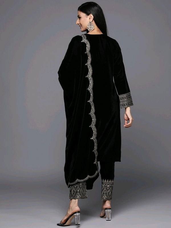 Women's Velvet Embroidered Maroon Straight Kurta Suit Set with Pant and Dupatta||Velvet Suit For Women||Velvet Kurta Set Women||Kurta Set For Women Winter - Black, M