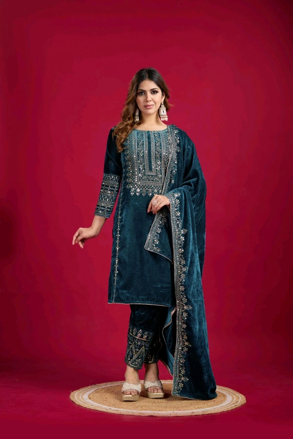 Women's Velvet Embroidered Maroon Straight Kurta Suit Set with Pant and Dupatta||Velvet Suit For Women||Velvet Kurta Set Women||Kurta Set For Women Winter - Daintree, XL
