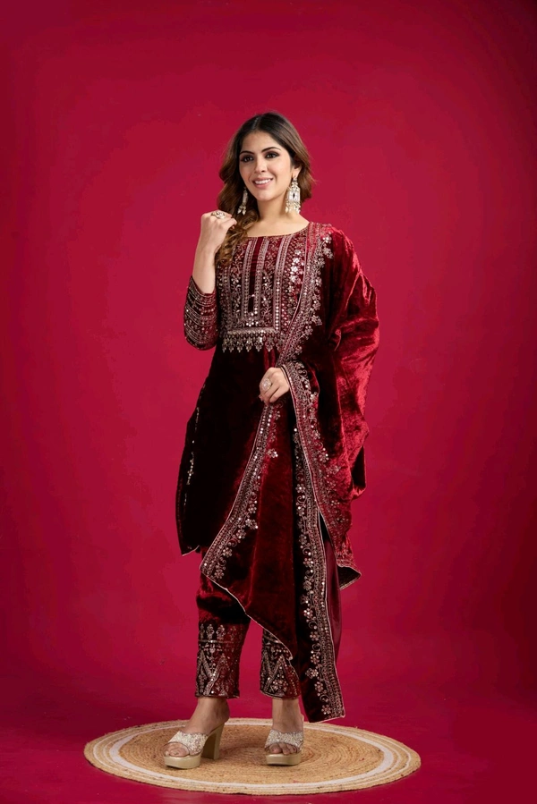 Women's Velvet Embroidered Maroon Straight Kurta Suit Set with Pant and Dupatta||Velvet Suit For Women||Velvet Kurta Set Women||Kurta Set For Women Winter - Temptress, XL