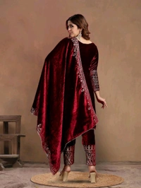 Women's Velvet Embroidered Maroon Straight Kurta Suit Set with Pant and Dupatta||Velvet Suit For Women||Velvet Kurta Set Women||Kurta Set For Women Winter - Temptress, XL