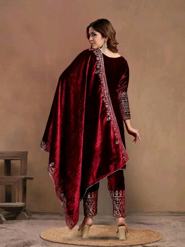 Women's Velvet Embroidered Maroon Straight Kurta Suit Set with Pant and Dupatta||Velvet Suit For Women||Velvet Kurta Set Women||Kurta Set For Women Winter - Temptress, XL