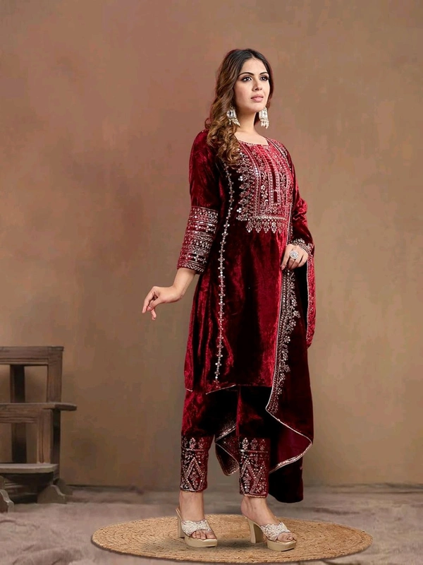 Women's Velvet Embroidered Maroon Straight Kurta Suit Set with Pant and Dupatta||Velvet Suit For Women||Velvet Kurta Set Women||Kurta Set For Women Winter - Temptress, XL